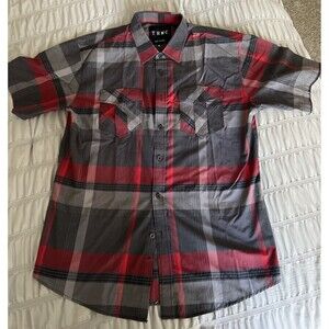 THMC Button Down Shirt Men's XL Short Sleeve Spread Collar Pockets Plaid Red